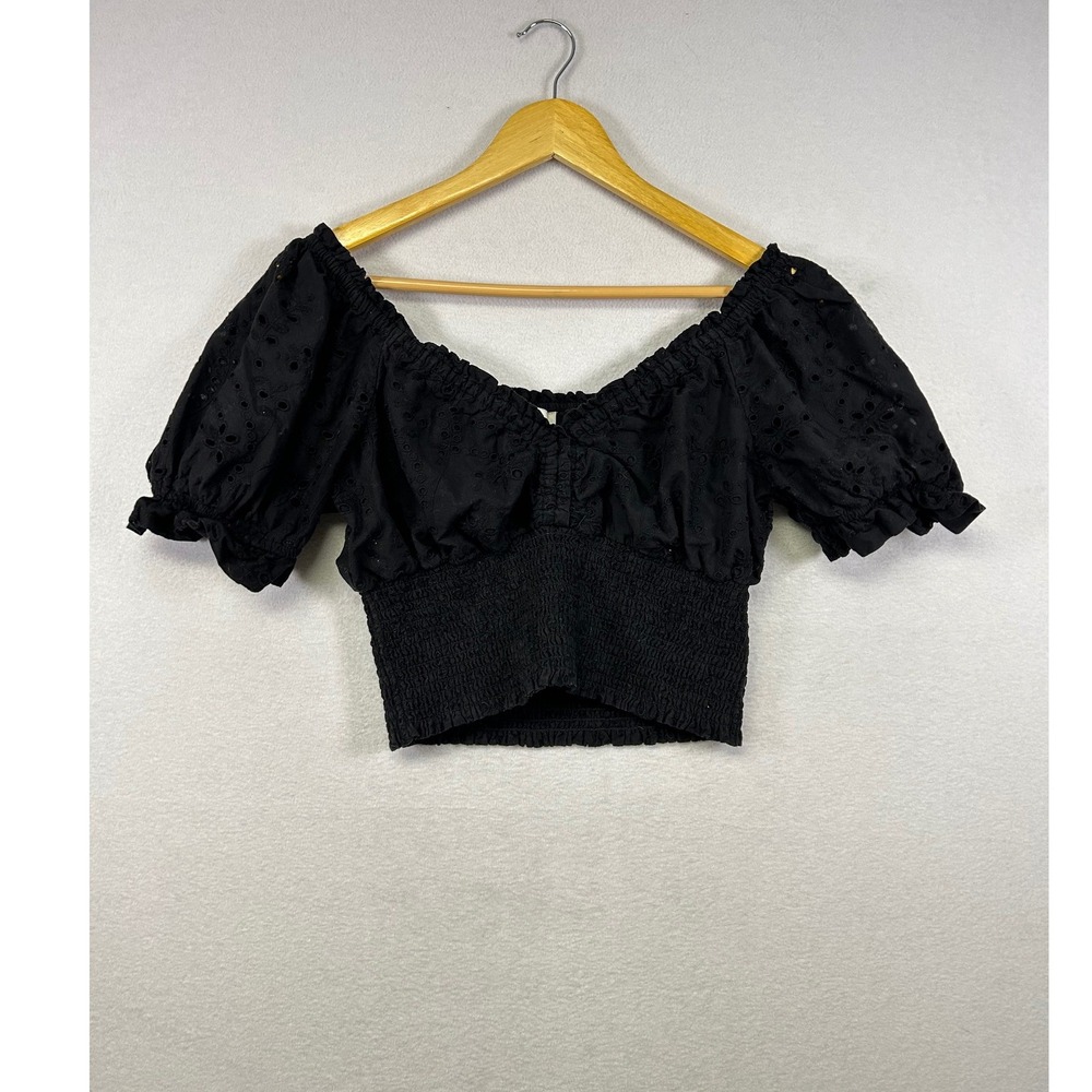 Jennifer‎ Grace Black Eyelet Puff Sleeve Smocked Crop Top Off Shoulder Size S